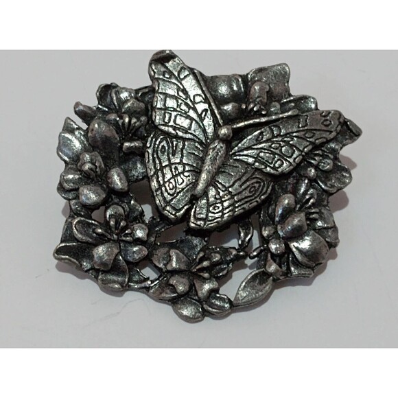 Signed BIRDS & BLOOMS Pin/Brooch Pewter Butterfly & Flowers 1998 Limited Edition - Picture 1 of 6